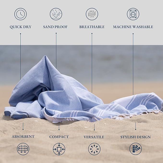 LANE LINEN Beach Towels for Women, 2 Pack Large Beach Towels Oversized, Pre-Washed, No-Shrink Sand Free Beach Towels, Quick Dry, Lightweight Travel Towel,Soft Beach Bath Towel, 39"x71" - Sky Blue
