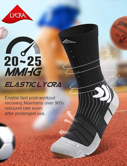 Men's Compression Running Socks: Coolmax Athletic Crew Socks Moisture Wicking Anti-Blister Cushion for Hiking 3 Pairs