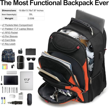 Boavan Laptop Backpack for men, 17.3 inch Laptop Bag with USB Port, Waterproof Travel Work Backpack Purse, Anti-Theft Teacher Nurse Doctor Casual Bookbags Office Business backpack，Black&Orange
