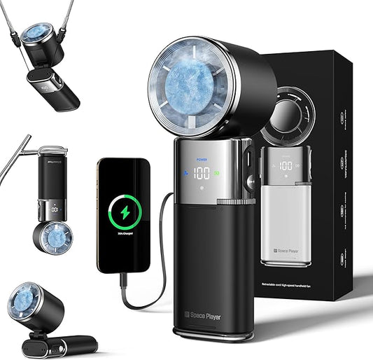 Portable Handheld Turbo Fan with Ice Cooling, 9000mAh Rechargeable Personal Fan, 100-Speed Wind, Built-in Type-C Cable, LED Display,135° Tilt Foldable for Desk/Neck/Travel-Black