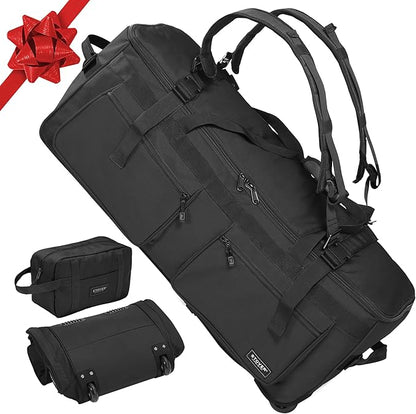 STOVER 100L U-Zip Rolling Duffel Bag with Wheels, X-Large Durable Travel Duffle + Toiletry Bag, Heavy Duty, Lay-Flat Opening, Packable w/Shoulder Straps- Use as Luggage or Backpack, Men/Women (Black)