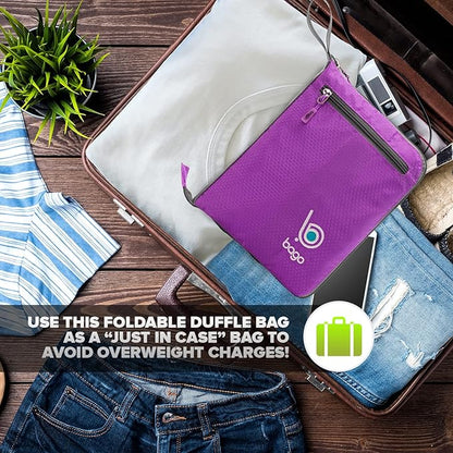 Bago Foldable Duffel Bags for Traveling Women & Men - 40L Sports Packable Duffle Bag for Travel with Shoe Compartment - Water Repellant, Heavy Duty, Lightweight Folding & Collapsible (Purple)