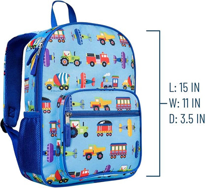 Wildkin ECO rPET Kids Backpack – Recycled, Padded, Adjustable for School & Travel – Trains, Planes & Trucks