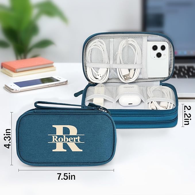 Personalized Electronics Organizer Travel Case – Custom Name Compact Cable Storage Bag for Chargers, Cords, USB Flash Drives – Waterproof Tech Pouch for Travel, Business and Daily Organization- Green