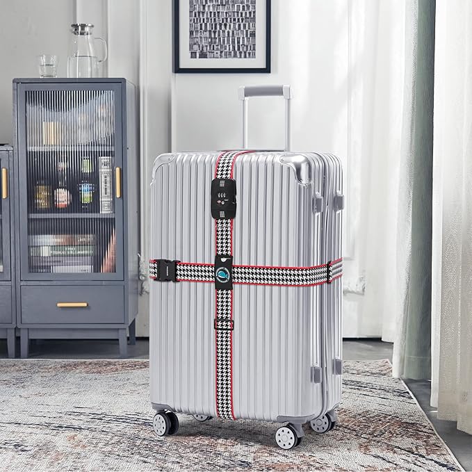 Travelkin Luggage Straps TSA Approved - Adjustable Cross Suitcase Straps with TSA Lock, Reinforced Buckle, Unique Pattern - Secure Heavy Duty Luggage Straps for Travel (Houndstooth)