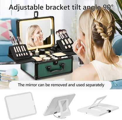 Makeup Case with Lighted Mirror, Makeup Box Organizer with Detachable LED Mirror, Travel Makeup Train Case, Waterproof Cosmetic Organizer, Standing Makeup Brush Holder, Gift, Black Green