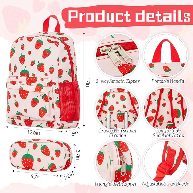 Redbaker 6 Pcs Kids Luggage Set 17 Inch Kids Rolling Luggage Double Pattern Suitcase for Girls Boys School Gift (Blush Pink,17 Inch,Strawberry Style)