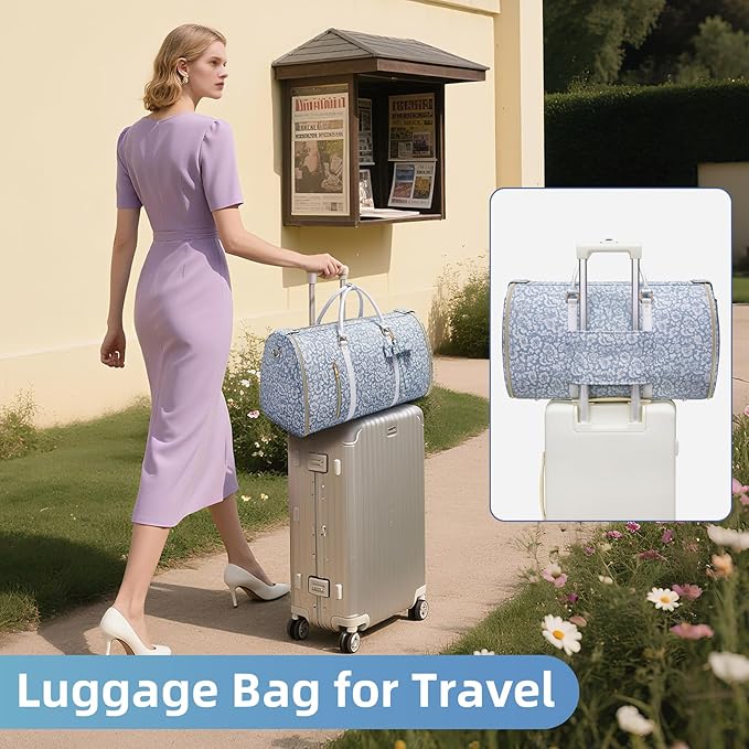 Travel Garment Bag for Women, Foldable Carry On Garment Duffle Bag 20.5x10x12.5 Inch, Convertible Overnight Bags with Shoe & Toiletry Pockets for Business Trip, Vacation, Party, Blue-White