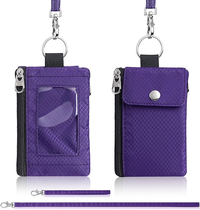 Minimalist Wallet For Mens Womens, Keychain RFID Blocking Zipper Small Wallet with ID Window 2 Lanyards,Water Resistant Travel Cash Card Coin Case Boys Girls