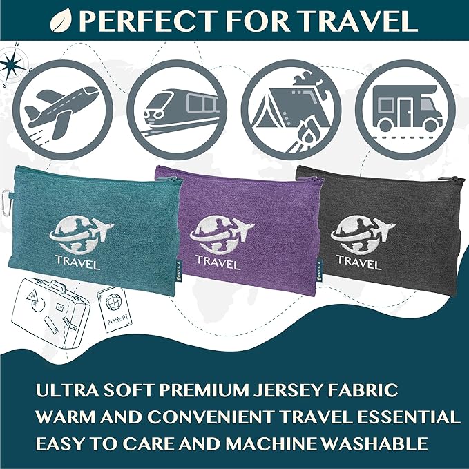 PAVILIA Travel Blanket Airplane Compact with Bag, Small Travel Pillow Blanket for Long Flights, Lightweight Plane Blanket with Luggage Strap, Camping Blanket for Traveler Essentials, Black, 65x40
