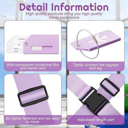 Weewooday 8 Pcs Luggage Straps Suitcase Tags Set for TSA Approved, 4 Travel Adjustable Suitcase Belt, 4 Silicone Luggage Tags with Name ID Card Travel Accessories(Light Purple,Airplane)