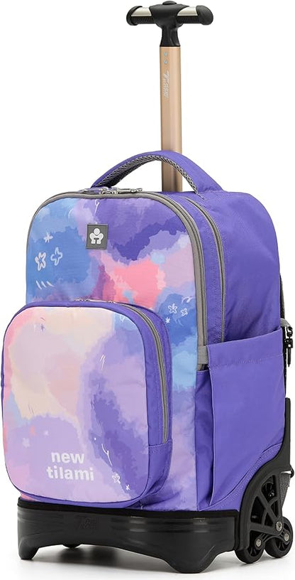 NEW TILAMI 18 Inch Rolling Backpack with Wheels for Girls Boys Kids Laptop Backpack School Travel, PurpleSky