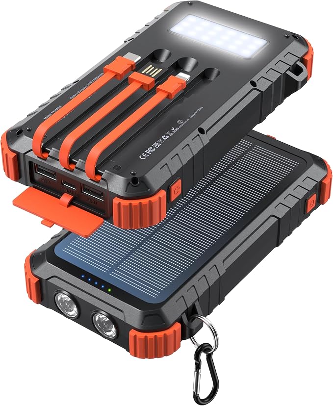 Power-Bank-Solar-Charger 45800mAh Fast Charging with 3 Built-in Cables LED Flashlight Portable External Battery Pack Compatible with iPhone, and-roid, Tablet, Drone, Camera