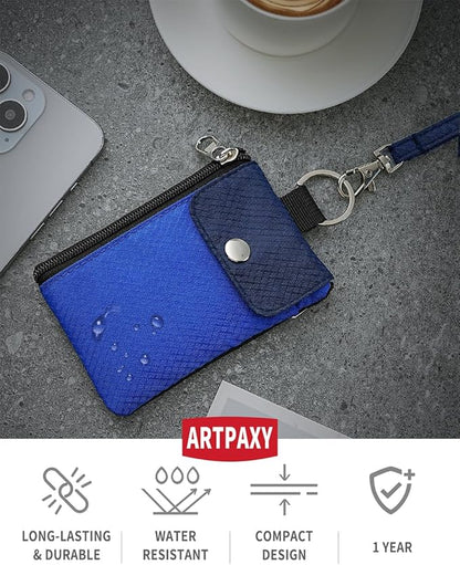 Minimalist Wallet For Mens Womens, Keychain RFID Blocking Zipper Small Wallet with ID Window 2 Lanyards,Water Resistant Travel Cash Card Coin Case Boys Girls