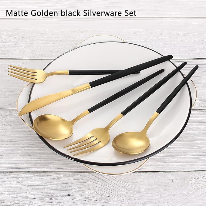 Matte Black Gold Silverware Set, 40-Piece Stainless Steel Flatware Set, Satin Finish tableware Cutlery Set, Service for 8, Home and Restaurant, Dishwasher Safe…