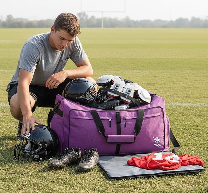 Bago Large Foldable Duffel Bags for Traveling Women & Men - 120L Packable Duffle Bag for Travel with Shoe Compartment - Water Repellant, Heavy Duty, Lightweight Folding & Collapsible (SnowDepPurple)