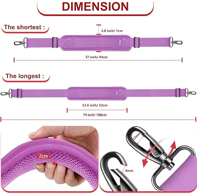 ZINZ 74" Shoulder Strap with Fixed Pad and Dual Balanced Buckles，Purple