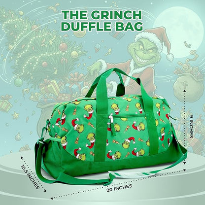 The Grinch Dufffle Bag, Dr. Suess 16 inch Travel Sleepover Weekend Bag for Girls & Boys, Green
