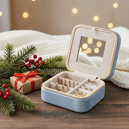 Benevolence LA Plush Velvet Jewelry Box | Travel Jewelry Case Organizer with Mirror | Featured in Oprah's Favorite Things | Best Gifts For Daughter, Girlfriend, Mom | Gifts For Her - Periwinkle Blue