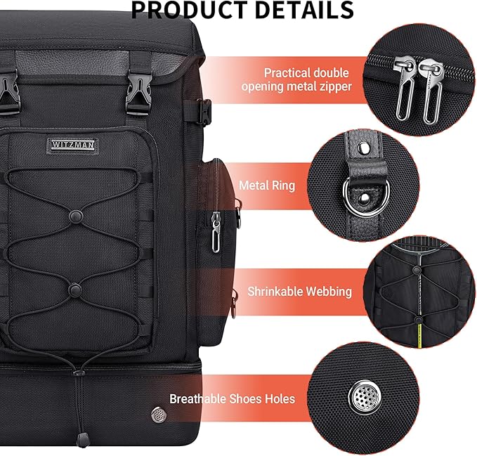 WITZMAN Travel Backpack for Men Women Carry on Bags for Airline Approved Convertible Duffle Luggage Backpack Shoe Compartment (B691 Black)