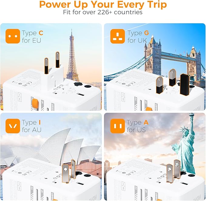 TESSAN Universal Travel Adapter 140W GaN, International Plug Adaptor with 1 USB A and 3 USB C Charging Ports, Worldwide Power Outlet for US to Europe UK AUS Ireland(Type C/G/A/I)