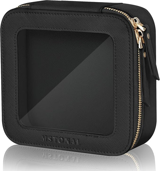 Clear Makeup Bag, Travel Toiletry Bag Cosmetic Case for Women, Waterproof Portable Small Make Up Skincare Pouch with Zipper, Compact Car Organizer Bag for Essentials, Mini Size, Black