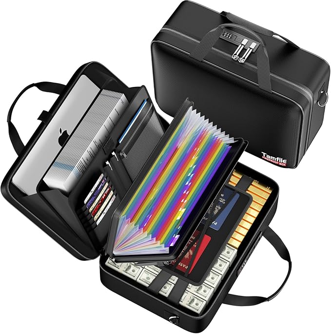 Tamfile Fireproof Document Box with Lock, Hard Case Fireproof Water Resistant File Organizer with 24 Colorful Pockets, Fire Safe Box for Important Documents, Valuables, Laptop, Passports (Black)