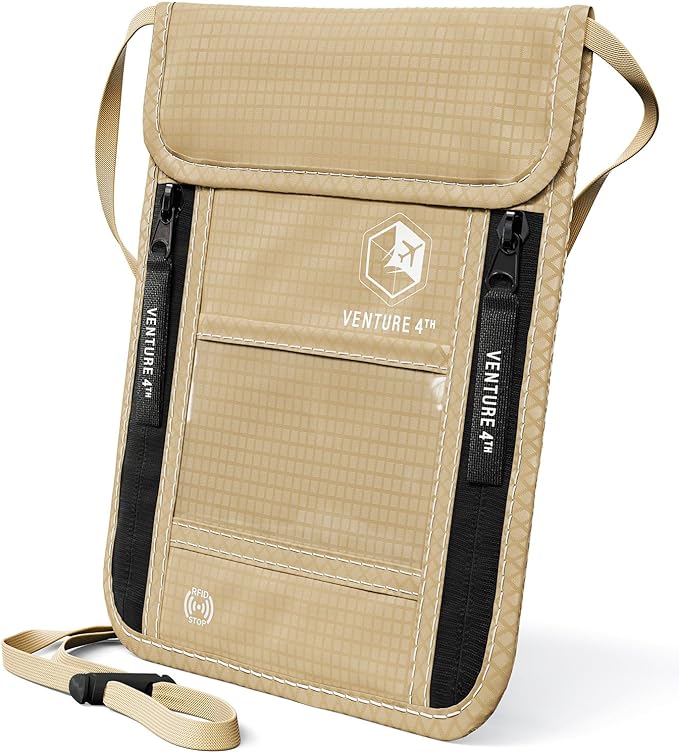 VENTURE 4TH Neck Wallet, RFID Blocking Passport Holder for Travel – Hidden Neck Pouch with 6 Compartments, Slim Lightweight Organizer with Adjustable Strap for Cash, Cards & Passport (Beige)