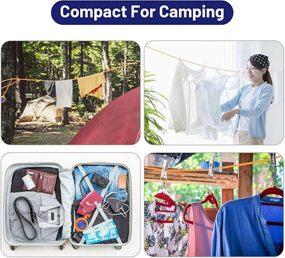 Portable Travel Clothesline Cord, Caudblor Adjustable 33ft Camping Clothes line, Laundry Drying Rope for Hotel Trip, Cruise, Outdoor/Indoor, with 12Pcs Stoppers, Windproof Clothespins