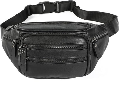 Black Leather Fanny Pack for Men & Women, Fashionable Multi-Pockets Waist Belt Bag for Travel Sports Hiking Cycling Fishing Running