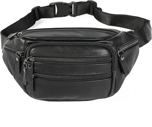 Black Leather Fanny Pack for Men & Women, Fashionable Multi-Pockets Waist Belt Bag for Travel Sports Hiking Cycling Fishing Running