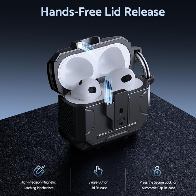 DASFOND Armor Cover Airpods 3 Generation Case, Military Grade Full Body Shockproof Protection Hard Case, Support Wireless Charging with Keychain, Magnetic Lid, Front LED Visible, Black