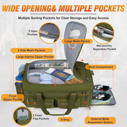 RAINSMORE Gym Bag for Men, 45L Sports Duffel Bag with Shoe Compartment Gym Backpack Carry On Weekender Bag Overnight Backpack Carry On,Green