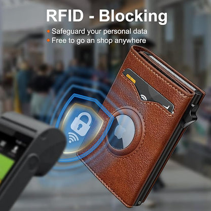 Airtag Wallet for Men,with Cash Pocket 2 ID Window 9-12 Cards,Metal Case Smart Slim Pop Up Credit Card Holder Flip with Magnetic Closure RFID Blocking Trifold wallet with Gift Box