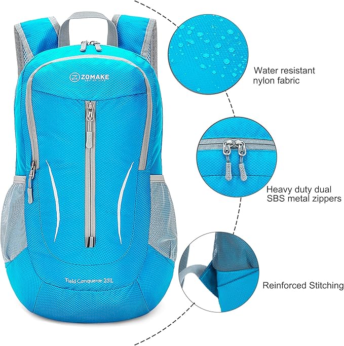 ZOMAKE Ultra Lightweight Packable Backpack 25L, Foldable Hiking Backpacks Water Resistant Small Folding Daypack for Travel(Light Blue)