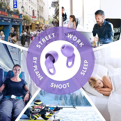 Silicone Ear Plugs for Noise Reduction - Reusable Soft Comfortable Earplugs for Sleeping,Noise Sensitivity & Flights -16 Ear Tips in XS/S/M/L, with 2 Travel Boxes - 33dB Noise Cancelling (Purple)