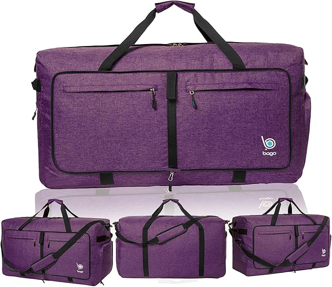 Bago Large Foldable Duffel Bags for Traveling Women & Men - 120L Packable Duffle Bag for Travel with Shoe Compartment - Water Repellant, Heavy Duty, Lightweight Folding & Collapsible (SnowDepPurple)