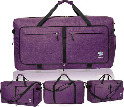 Bago Large Foldable Duffel Bags for Traveling Women & Men - 120L Packable Duffle Bag for Travel with Shoe Compartment - Water Repellant, Heavy Duty, Lightweight Folding & Collapsible (SnowDepPurple)