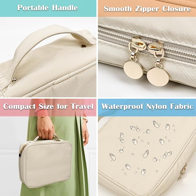 Travel Jewelry Organizer Case,Jewelry Bags for Traveling, Jewelry Binder with 24 Pcs Clear Zipper Velvet Pouches for Storing Earrings, Rings, Necklace, Bracelet, Watch (Beige)