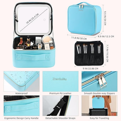 Travel Makeup Bag with LED Mirror – Waterproof Cosmetic Train Case with Adjustable Dividers, Portable Makeup Organizer and Toiletry Bag for Women, Teens & Girls Gift, Blue