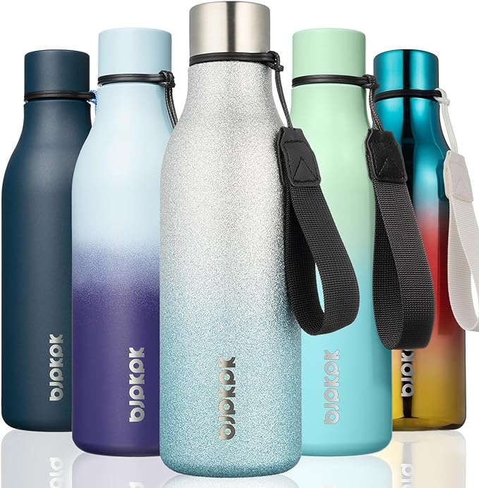 BJPKPK Insulated Water Bottles, 18 oz Stainless Steel Metal Water Bottle with Strap, BPA Free Leak Proof Jugs,Mugs,Flasks, Reusable Thermal Flasks for Sports & Travel, Sparkling Silver Blue