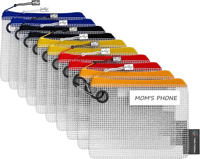 10 - USB Cable Organizer Pouches, Manage Cables, Travel Cable Oranizer, Color Coded with USB Zipper Pulls