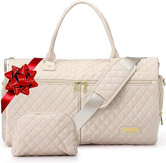 STOVER Women’s Convertible Garment Duffel Bag for Travel – 2-in-1 Carry-On Weekender/Overnight Tote - Wrinkle-Free Dresses, Hanging Suits & Clothes + Shoe Compartment & Bonus Toiletry Bag (Cream)