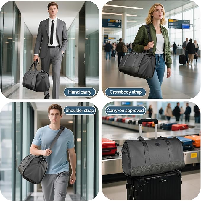 travel inspira Convertible Garment Bag for Travel, Carry On Garment Duffle Weekender with Extended Shoe Compartment & Shoulder Straps, 2 in 1 Waterproof Hanging Suitcase Suit Bag