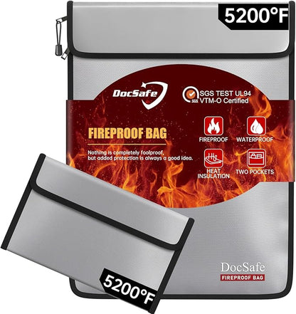 DocSafe Fireproof Document Bag (5200℉) with Fireproof Organizer Travel Case,Heat Insulated Fire＆Water Resistant 8 Layers Safe Money Bag Storage for Important Documents,Cash,Power Bank,Valuables,Gray