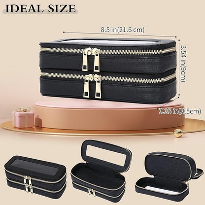 Pinkmik Double Layer Makeup Bag Makeup Brush Case Waterproof Travel Cosmetic & Toiletry Bag Purse Organizer and Car Essentials for Women (Black, Double SLIM)