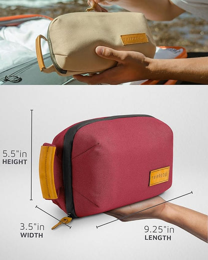 Tech Bag Organizer - Small Electronics Organizer Pouch for Travel - Premium Travel Case with Leather Accents - Mesh Pocket for Cables, Cords and Chargers (Red)