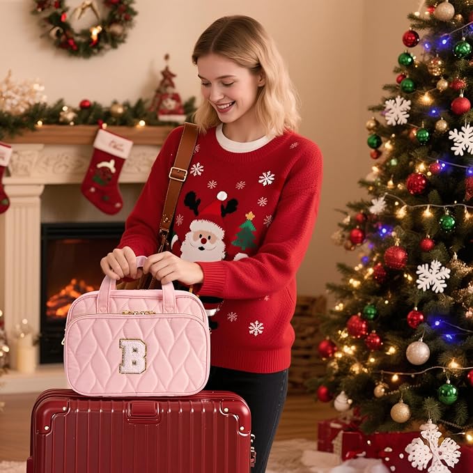 YOOLIFE Travel Toiletry Bag Makeup Bag - Hanging Toiletry Bag for Women, Portable Toiletries Travel Bag and Cosmetic Bag, Airplane Travel Essentials Travel Toiletry Bag - Letter J, Pink