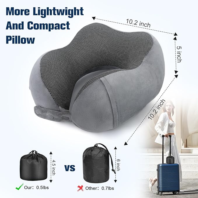 Neck Pillow for Traveling, Travel Pillows for Airplanes,100% Pure Memory Foam Travel Neck Pillow, Adjustable Flight Pillow, Portable Plane Accessories with Eye Mask, Earplugs, Carry Bag