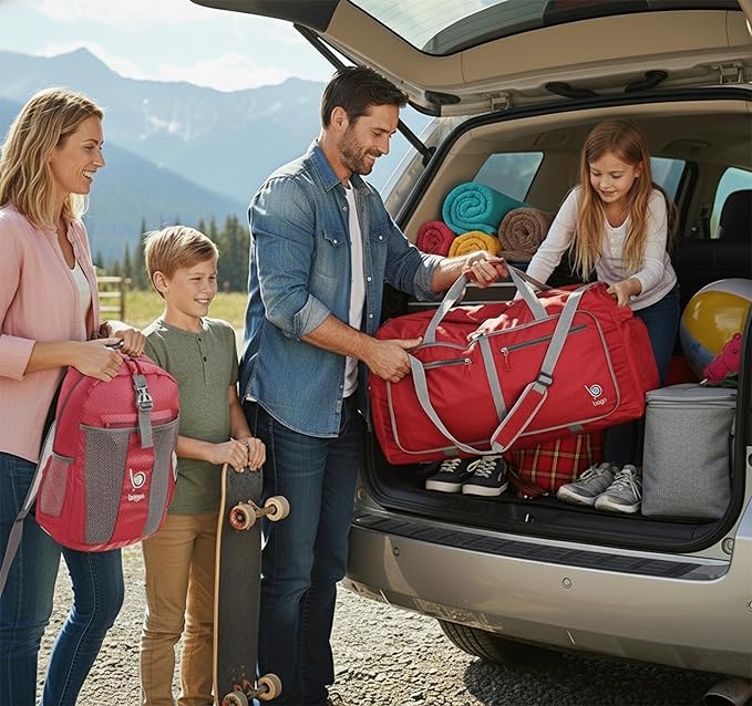 Bago Large Foldable Duffel Bags for Traveling Women & Men - 80L Packable Duffle Bag for Travel with Shoe Compartment - Water Repellant, Heavy Duty, Lightweight Folding & Collapsible (Red)